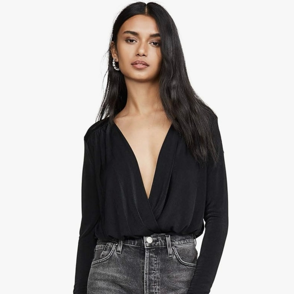 Free People Black V-neck Long Sleeve Bodysuit